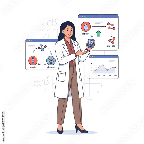 Scientist Explaining Diabetes Management with Glucose Meter and Diagrams