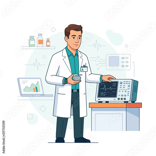 Scientist in Lab Coat Demonstrating Oscilloscope and Medical Equipment