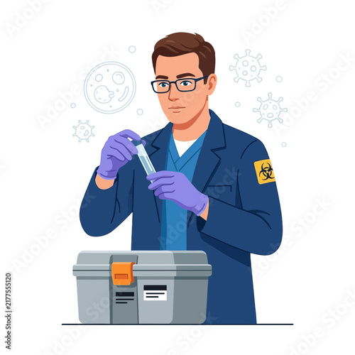 Scientist examining test tube in laboratory with virus and petri dish icons, biohazard symbol