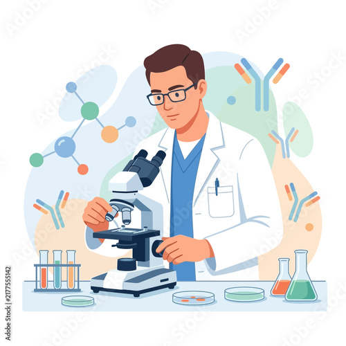 Scientist in Lab Coat Examining Microscope with Molecular Structures and Antibodies in Background