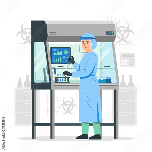 Scientist in Biosafety Cabinet Conducting Research with Pipette and Test Tubes, Laboratory Equipment, Medical Science