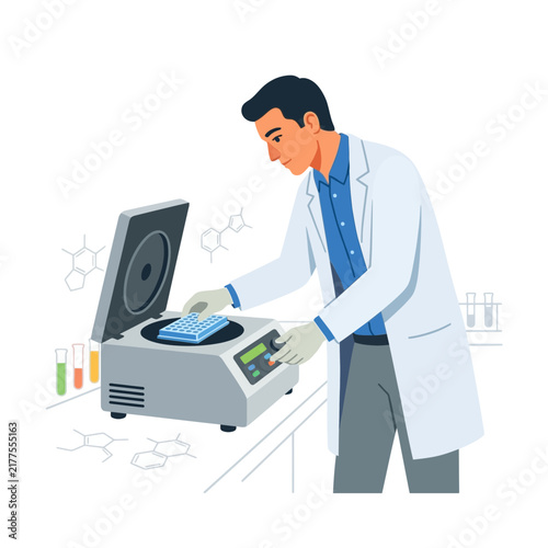 Scientist in Lab Coat Operating Centrifuge with Microplate, Molecular Structures Background
