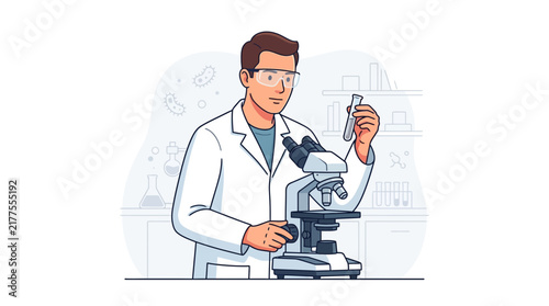 Scientist in Lab Coat with Microscope and Test Tube, Conducting Research, Vector Illustration