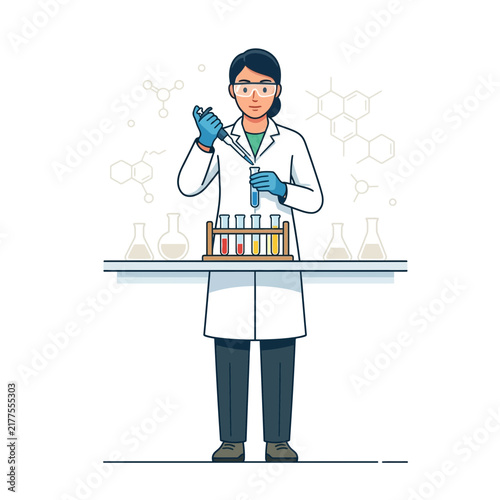 Scientist performing experiment in laboratory with test tubes, beakers, and molecular structures in the background