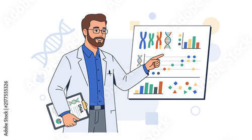 Scientist Presents DNA Research Findings with Charts and Chromosome Visuals