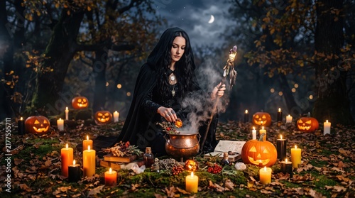 Young witch performing magical Halloween ritual in moonlit forest