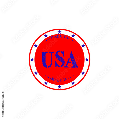 Round stamp seal with usa text and blue stars on a red circle background for patriotic american product labels