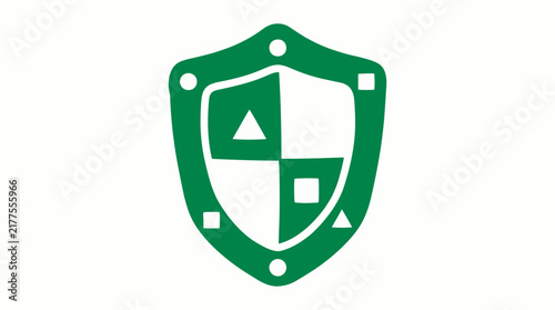 Green Shield Emblem with Geometric Shapes and White Background
