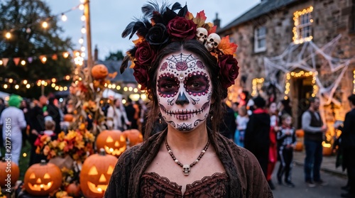 Woman in sugar skull makeup at spooky Halloween carnival