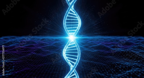 A futuristic glowing DNA double helix structure radiates vibrant blue light within a dark, digital landscape representing genetic science, biotechnology, atoms, connectivity