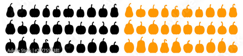 Fotografie Collection of black and orange pumpkin and gourd silhouettes in rows pumpkin sil