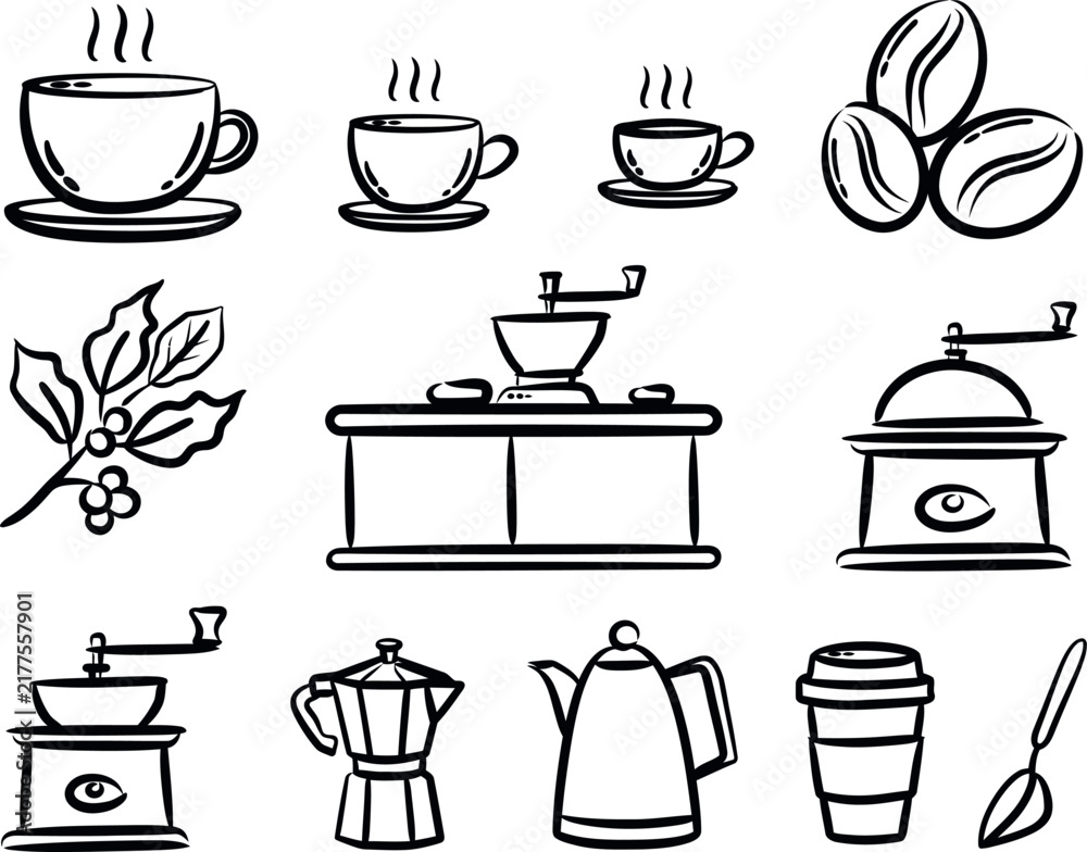 Obraz premium Set of coffee icons including cups, beans, grinders, and brewing equipment
