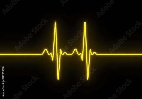 An abstract glowing yellow heartbeat pulse line glowing against a dark black background, representing life, health, and medical technology, biological, data, yellow