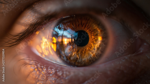 Macro Close-Up of Brown Eye with Sunset Reflection