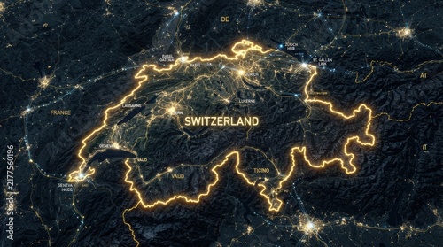 Stunning nighttime satellite view of Switzerland’s illuminated cities and borders ideal for geography education, travel marketing, or global map design projects.