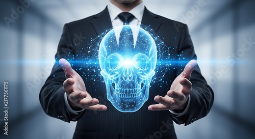 Professional presenting futuristic holographic human skull with digital technology effects