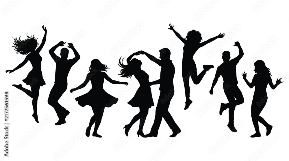 Fototapeta premium Dancing people silhouette against a white background depicts joyful movement
