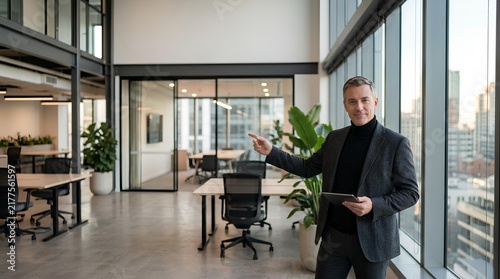 Mature businessman in grey blazer and black turtleneck holding digital tablet and pointing at modern open-plan office interior with large windows and city view.