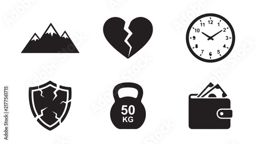 Collection of Diverse Flat Black Icons for Concepts and Metaphors