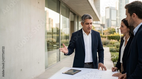 Mature male architect in suit discussing floor plans and blueprint with young professional colleagues on modern office balcony during sunset with a city skyline background.