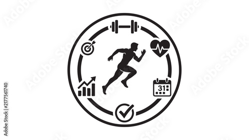 Fitness and Healthy Lifestyle Concept Emblem with Running Man and Icons