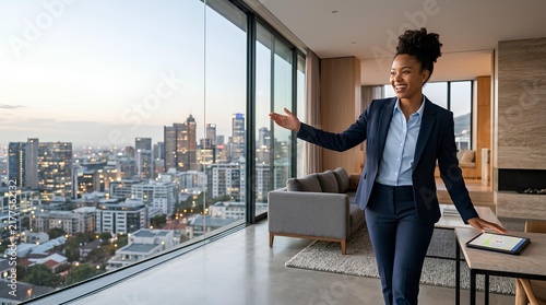 Professional Black female executive gesturing toward a panoramic city skyline from a luxury modern high-rise office at dusk while using a digital tablet on a marble desk.