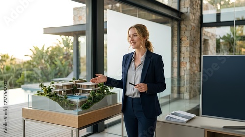 Professional female architect in a blue suit presenting a modern luxury villa scale model within a bright, contemporary architectural office setting during the day.