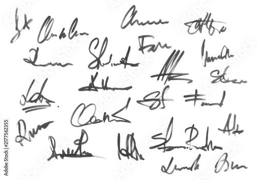 Fotografie Set grunge scribble signature, black marker isolated on white background, design