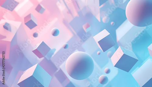 Abstract futuristic 3D background with floating pastel cubes and spheres in pink and blue tones 3D illustration geometric shapes futuristic design digital