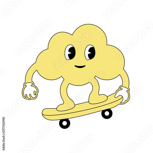 Retro cartoon cloud character skateboarding, fun yellow mascot with gloves, vintage 1930s style rubber hose animation design