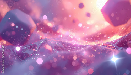 Abstract ethereal fantasy background with glowing pink waves and floating geometric cubes glowing lights ethereal landscape magical abstract sparkling particles