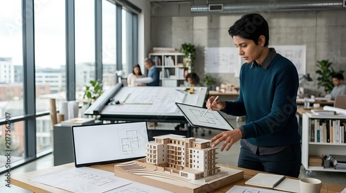 Professional female architect reviewing floor plans on digital tablet beside building scale model in bright modern office environment with blurred coworkers in background.