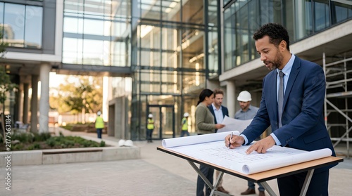 Professional male architect in a blue suit reviewing architectural blueprints on a drafting table outside a modern glass office building with colleagues in the background.