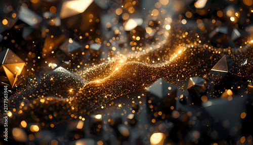 Abstract dark background with golden glowing glitter particles and geometric crystals gold glitter gold dust luxurious texture sparkling light shiny surface