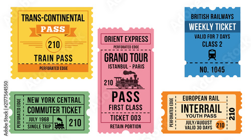 Konstfotografi Vintage Train Tickets Collection - Travel Pass, Railway, Europe, USA