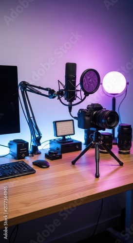 Professional digital content creation workspace with a microphone, camera gear, and vibrant led lighting on a clean modern studio desk, vlog, communication, gear