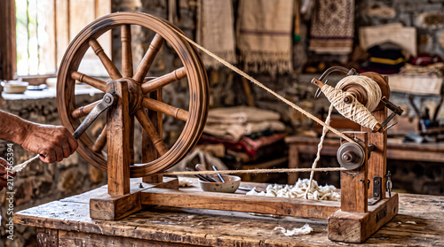 Vintage wooden spinning wheel or charkha used for traditional handloom weaving, rustic craft workshop with cotton thread and textiles.