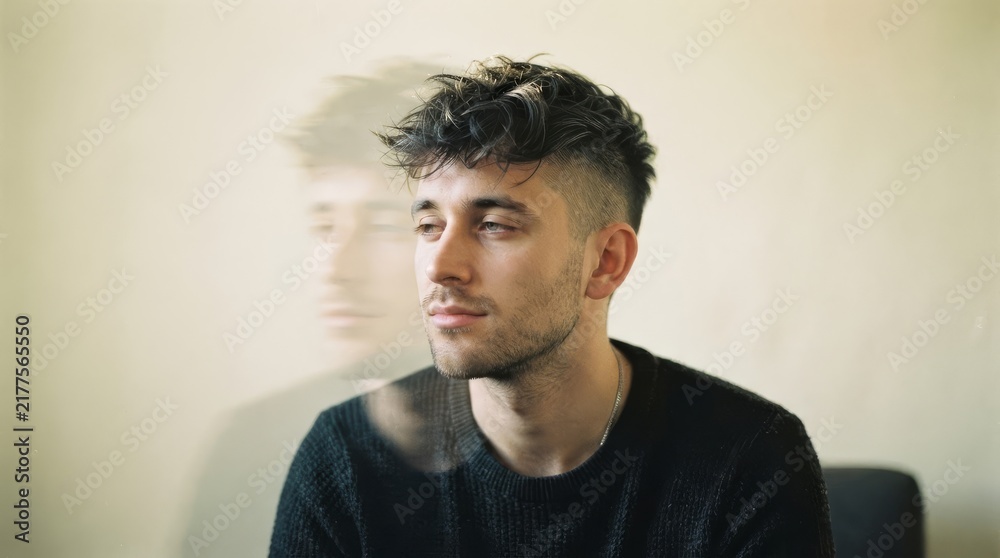 Fototapeta premium Portrait of young man with blurred double exposure reflection. Thoughtful guy dreaming and looking away with pensive expression