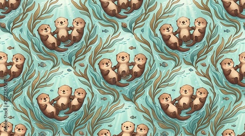Cute otters holding hands on textured background in nature scene