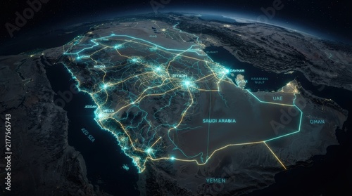 Stunning 3D illuminated map of Saudi Arabia showcasing interconnected cities and infrastructure perfect for travel marketing, geography education, or futuristic backdrop designs.