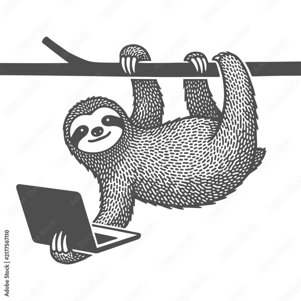 Fototapeta premium Cute Sloth Hanging on Tree Branch Using Laptop, Funny Working Animal Character, Remote Worker Engraving Sketch