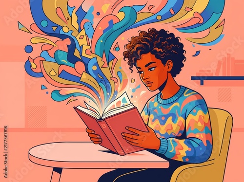 Imagination Concept Showing a Woman Reading a Book with Colorful Creative Energy Shapes