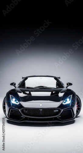 Front view of an elegant black high-performance vehicle with sharp aerodynamic lines, glowing headlights, and a polished metallic surface, automobile, exclusive, detail