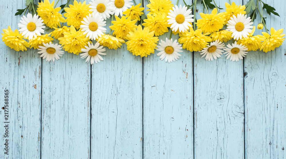 Fototapeta premium Yellow Daisy Flowers on Rustic Wooden Background with Natural Spring and Summer Floral Beauty, Closeup Blossom and Botanical Nature Decoration for Garden and Meadow Themes