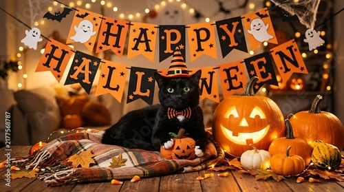 Black cat wearing a witch hat with pumpkins for a happy halloween celebration