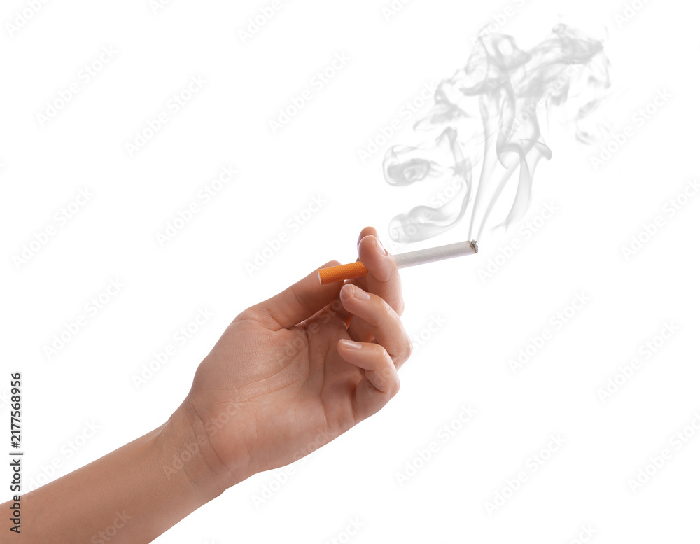 Obraz premium Woman smoking cigarette against transparent background, closeup