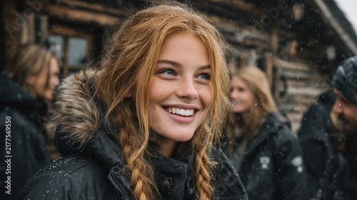 Smiling young woman with braided blonde hair in a fur trimmed parka enjoys falling snow with friends outside a cabin
