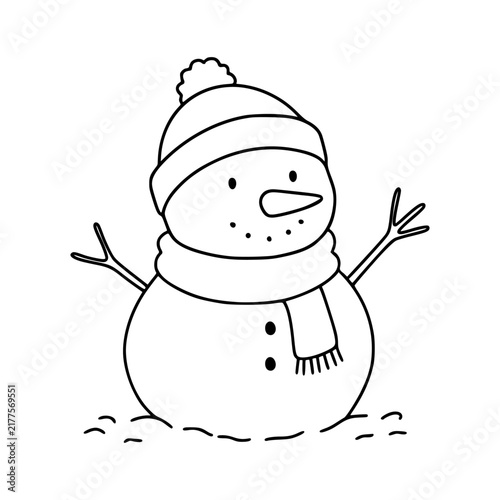 Outline drawing snowman wearing hat and scarf
