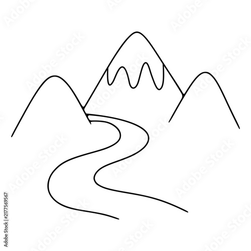 Doodling mountain landscape with river flowing