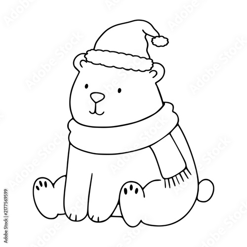Cute polar bear wearing santa hat and scarf